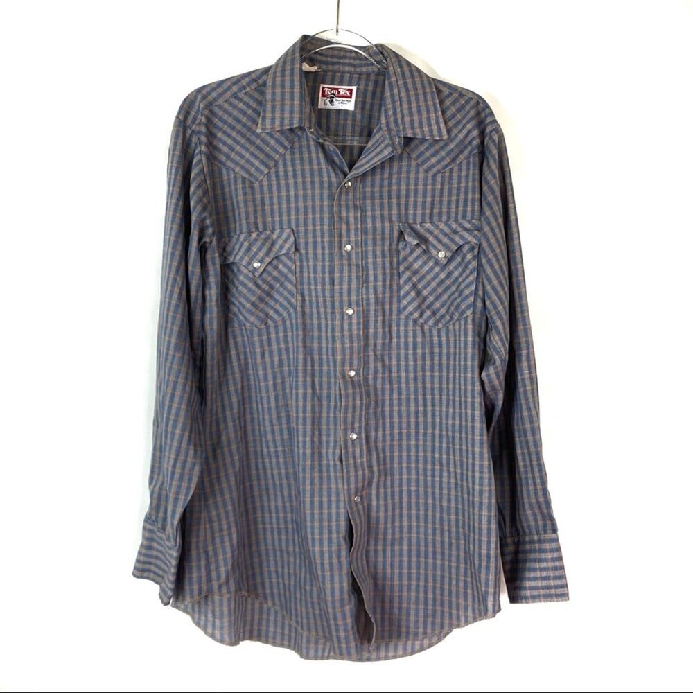 TemTex Vintage Blue Plaid Snap Front Long Sleeve Casual Shirt Mens XL(?)